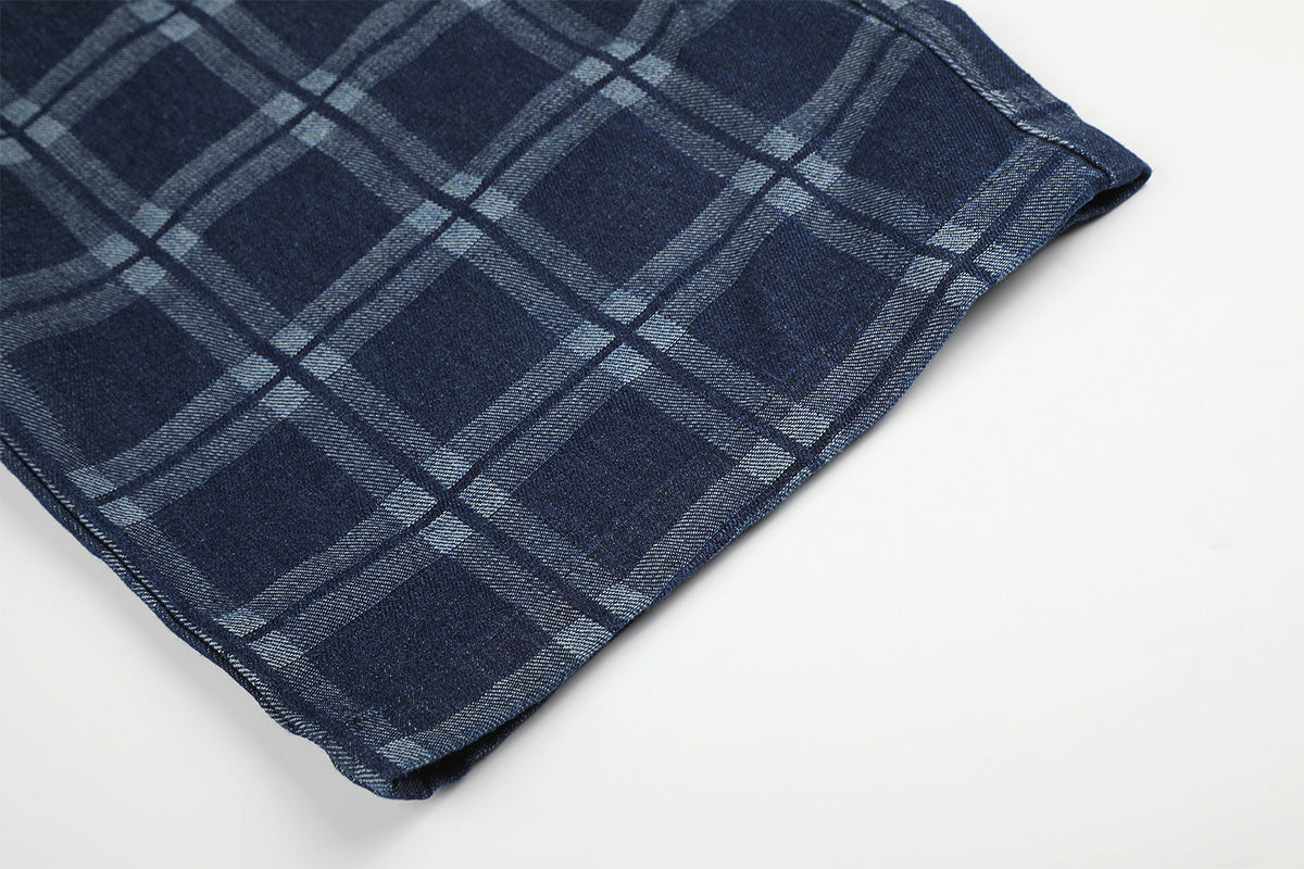Dark Blue Plaid Wide-Leg Trousers