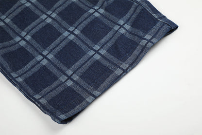 Dark Blue Plaid Wide-Leg Trousers