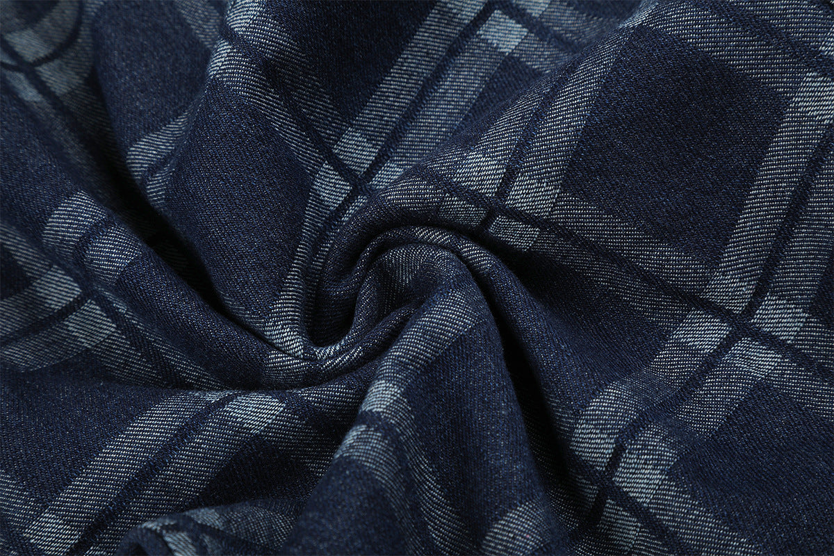 Dark Blue Plaid Wide-Leg Trousers