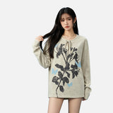 DAXUEN heathered light beige botanical print knit top