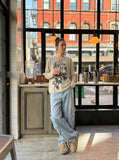 DAXUEN heathered light beige botanical print knit top — model photo