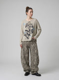 Dark Botanical Print V-Neck Knit Top