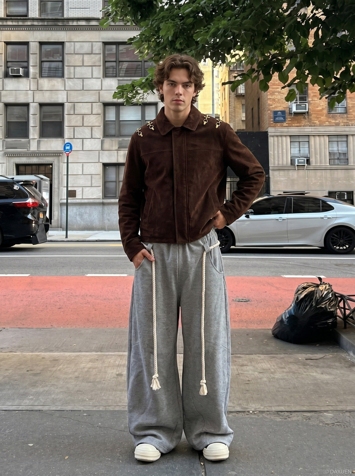 DAXUEN dark brown corduroy jacket with gold hooks — model photo