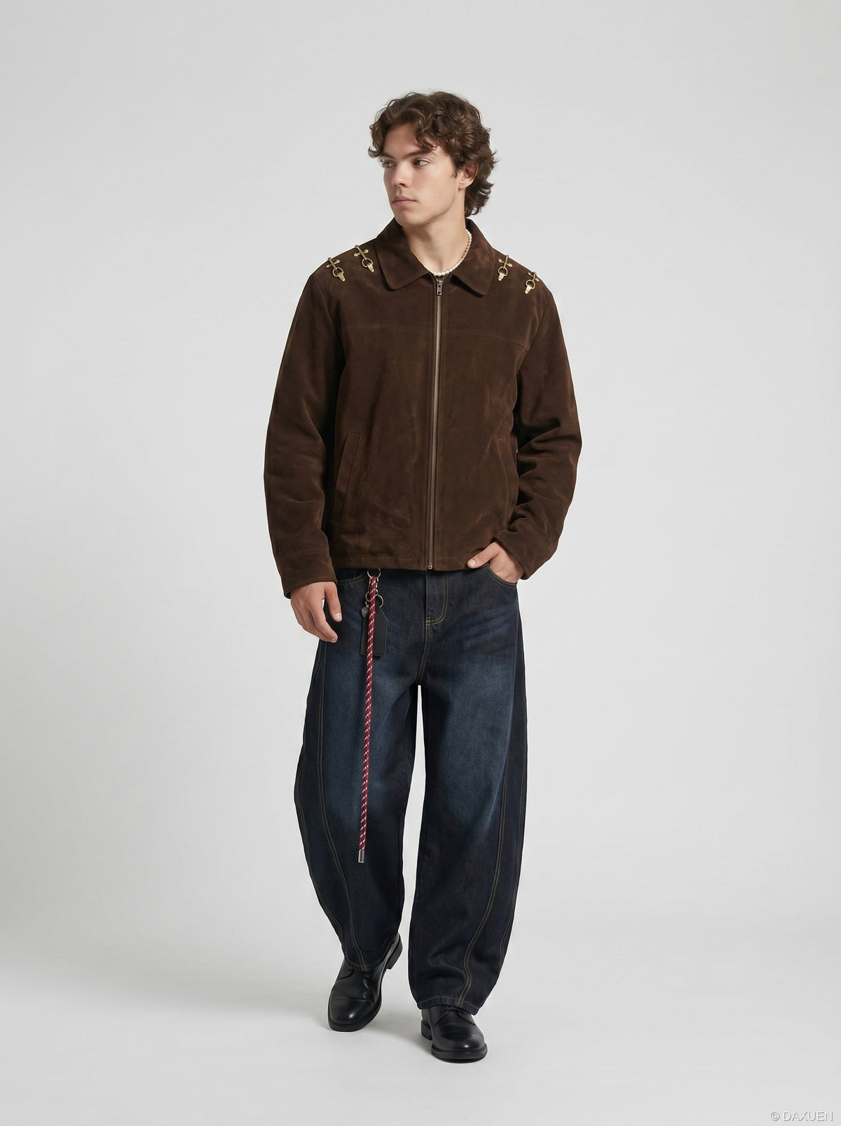 DAXUEN dark brown corduroy jacket with gold hooks — model photo
