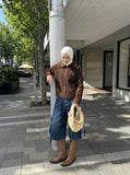 DAXUEN dark brown corduroy jacket with gold hooks — model photo