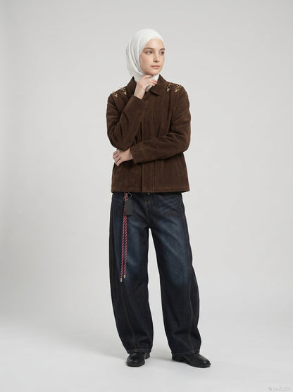 DAXUEN dark brown corduroy jacket with gold hooks — model photo