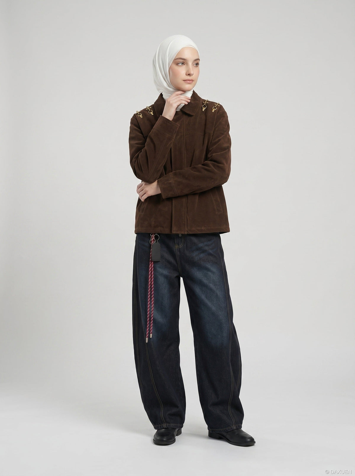 DAXUEN dark brown corduroy jacket with gold hooks — model photo