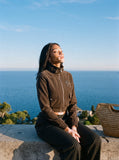 DAXUEN dark brown velvet cropped bomber jacket — model photo