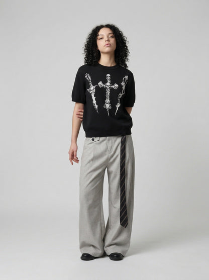 DAXUEN Dark Cross Graphic Knitted T-Shirt — model photo
