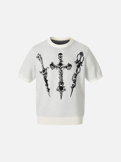 DAXUEN Dark Cross Graphic Knitted T-Shirt