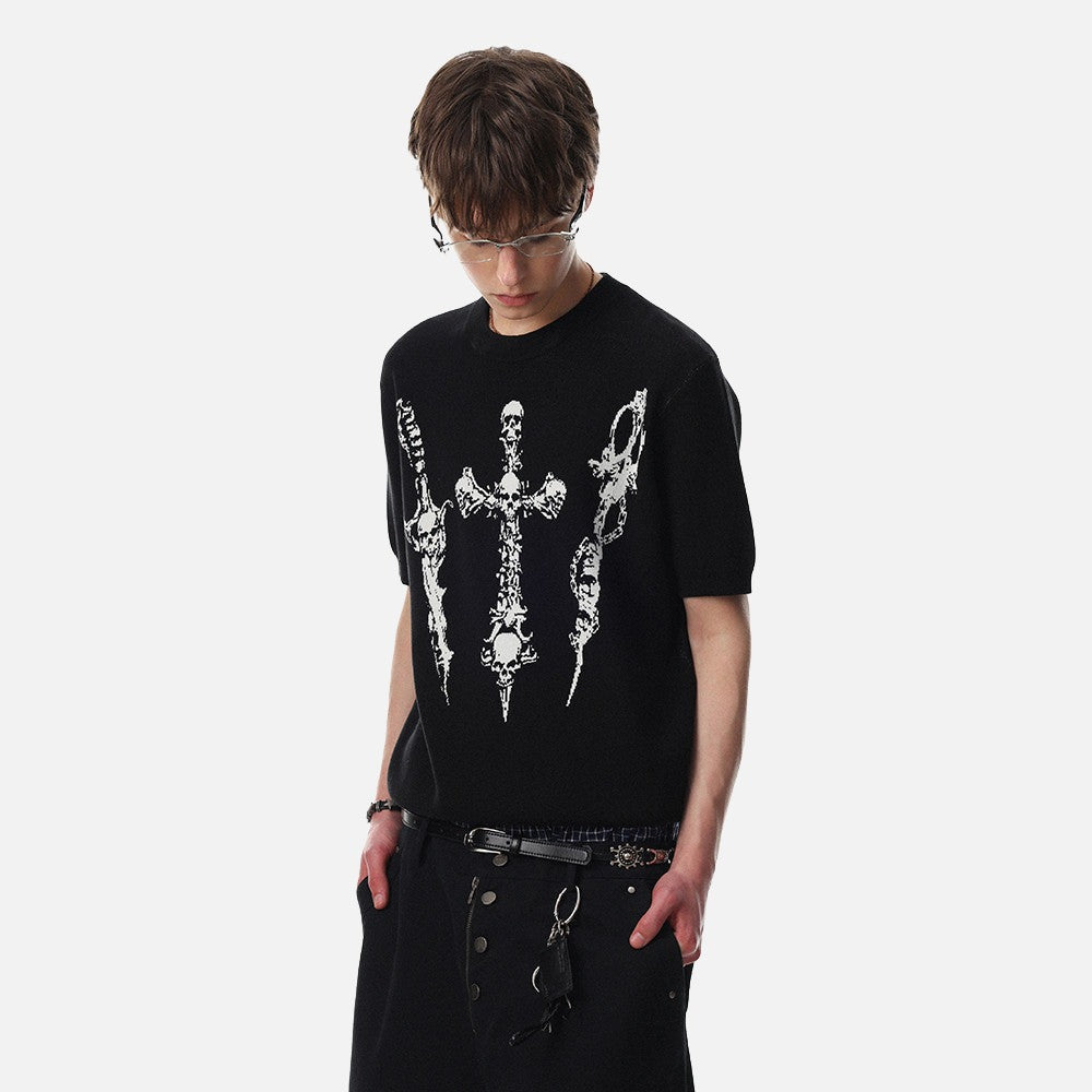 DAXUEN Dark Cross Graphic Knitted T-Shirt