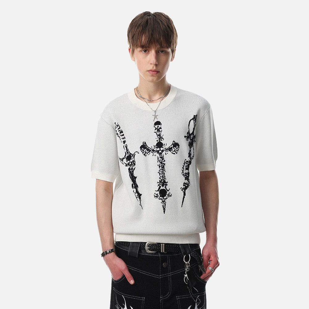 DAXUEN Dark Cross Graphic Knitted T-Shirt
