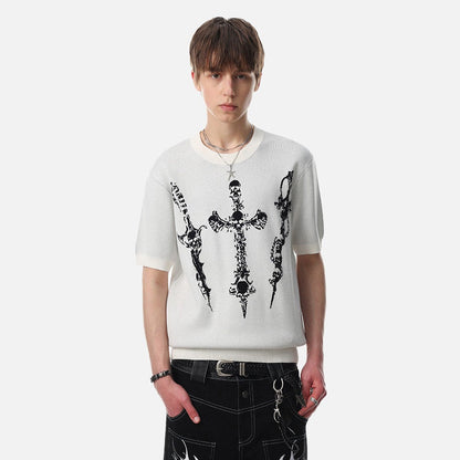 DAXUEN Dark Cross Graphic Knitted T-Shirt