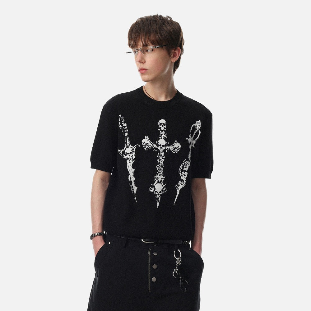 DAXUEN Dark Cross Graphic Knitted T-Shirt