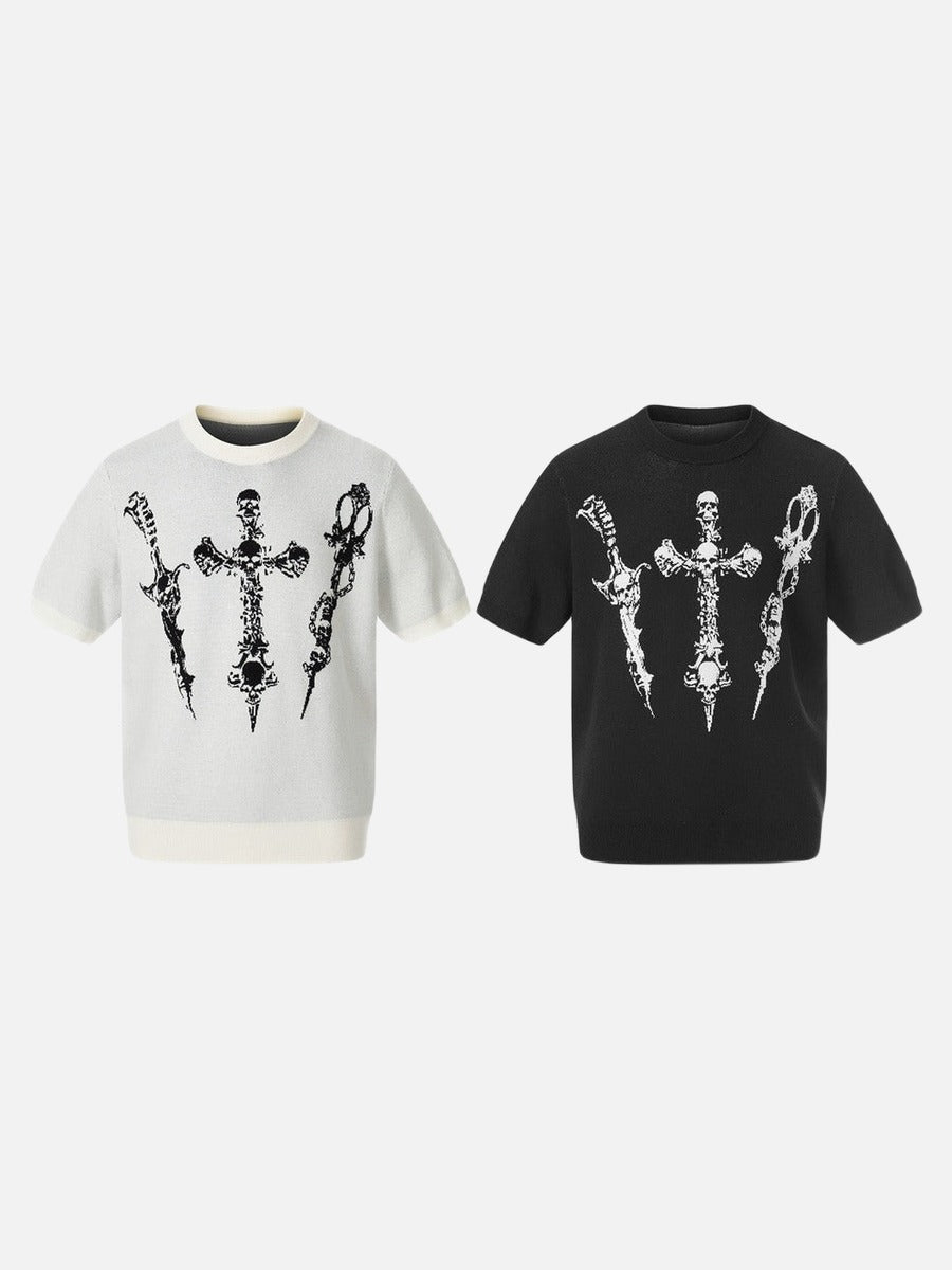 DAXUEN Dark Cross Graphic Knitted T-Shirt