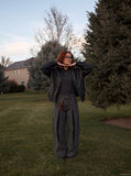 DAXUEN dark grey leopard print wide-leg pants — model photo