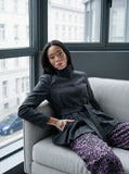 DAXUEN dark grey peplum coat with high collar — model photo
