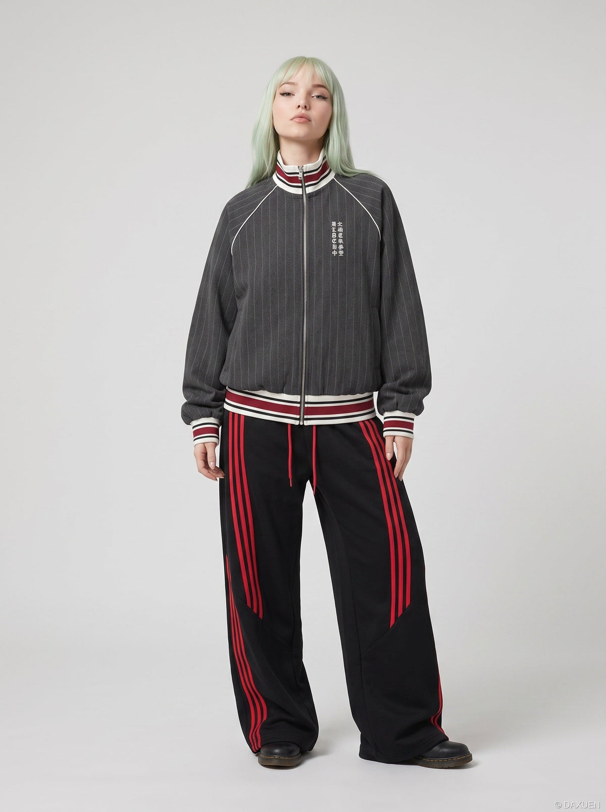 DAXUEN dark grey pinstripe oversized track jacket — model photo