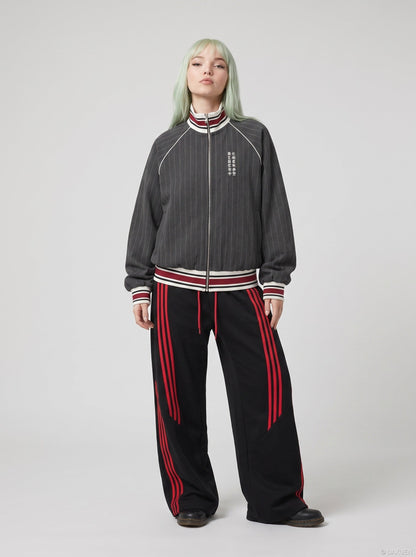 DAXUEN dark grey pinstripe oversized track jacket — model photo