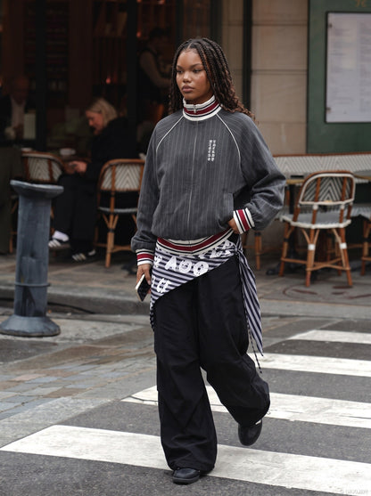 DAXUEN dark grey pinstripe oversized track jacket — model photo