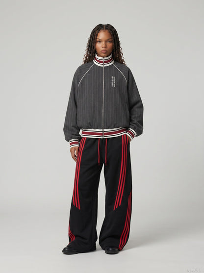 DAXUEN dark grey pinstripe oversized track jacket — model photo