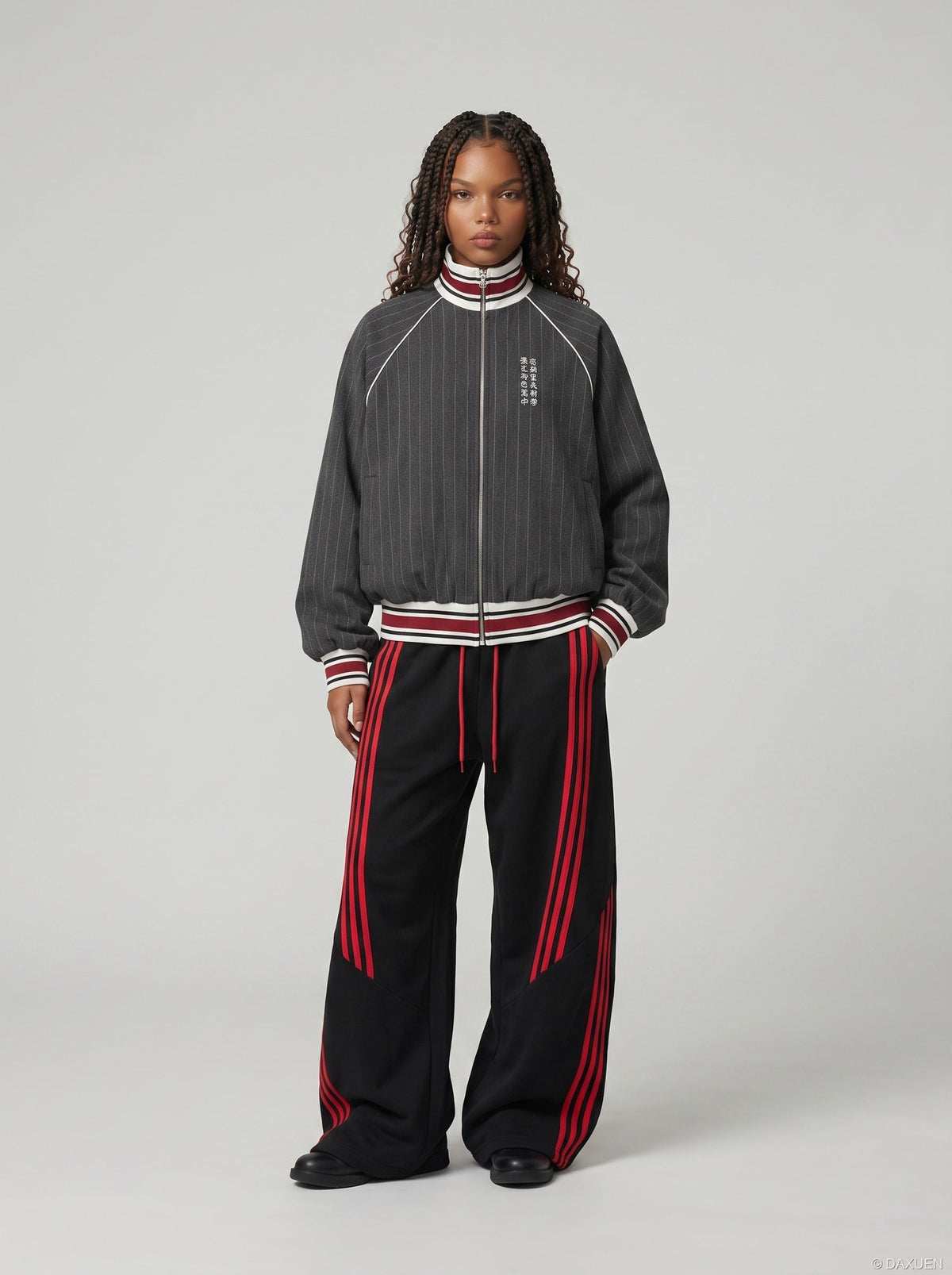 DAXUEN dark grey pinstripe oversized track jacket — model photo