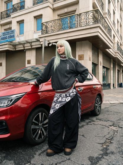 DAXUEN dark grey pinstripe oversized track jacket — model photo