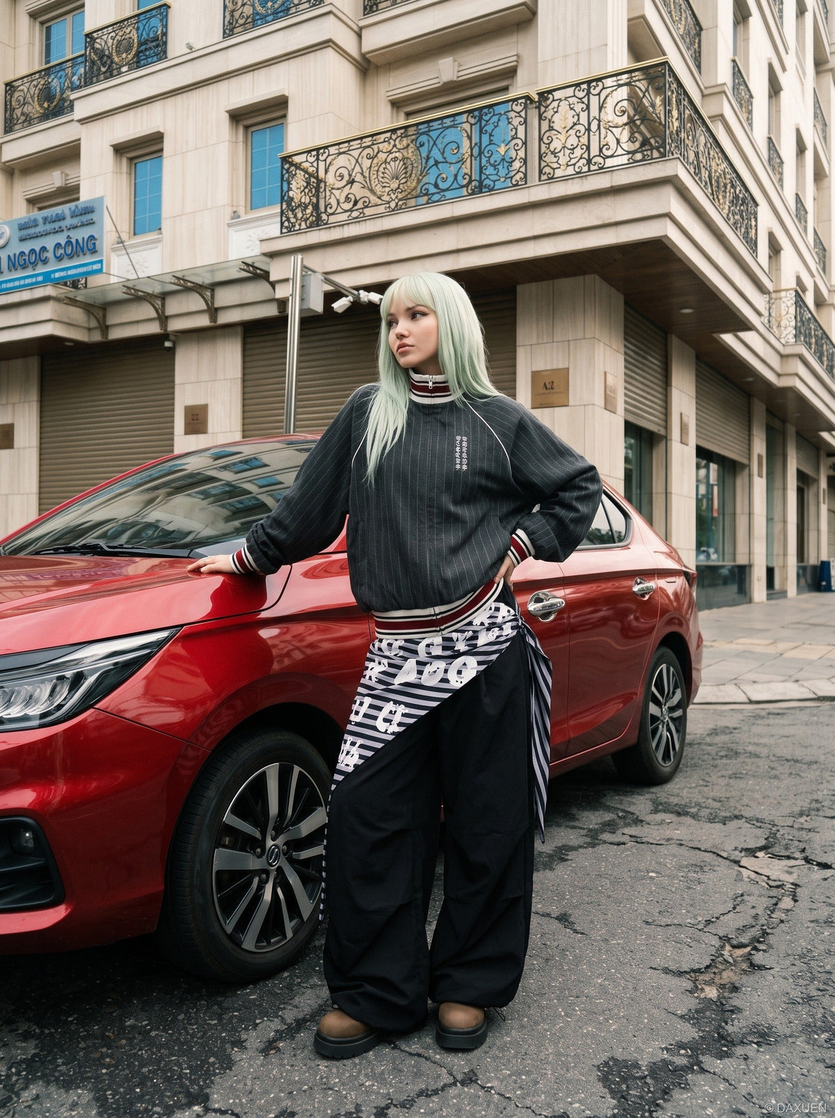DAXUEN dark grey pinstripe oversized track jacket — model photo
