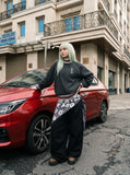 DAXUEN dark grey pinstripe oversized track jacket — model photo