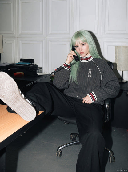 DAXUEN dark grey pinstripe oversized track jacket — model photo