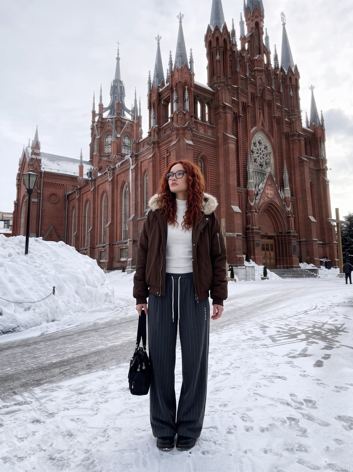 DAXUEN dark grey pinstriped wide-leg pants — model photo