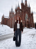DAXUEN dark grey pinstriped wide-leg pants — model photo