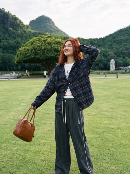DAXUEN dark grey pinstriped wide-leg pants — model photo
