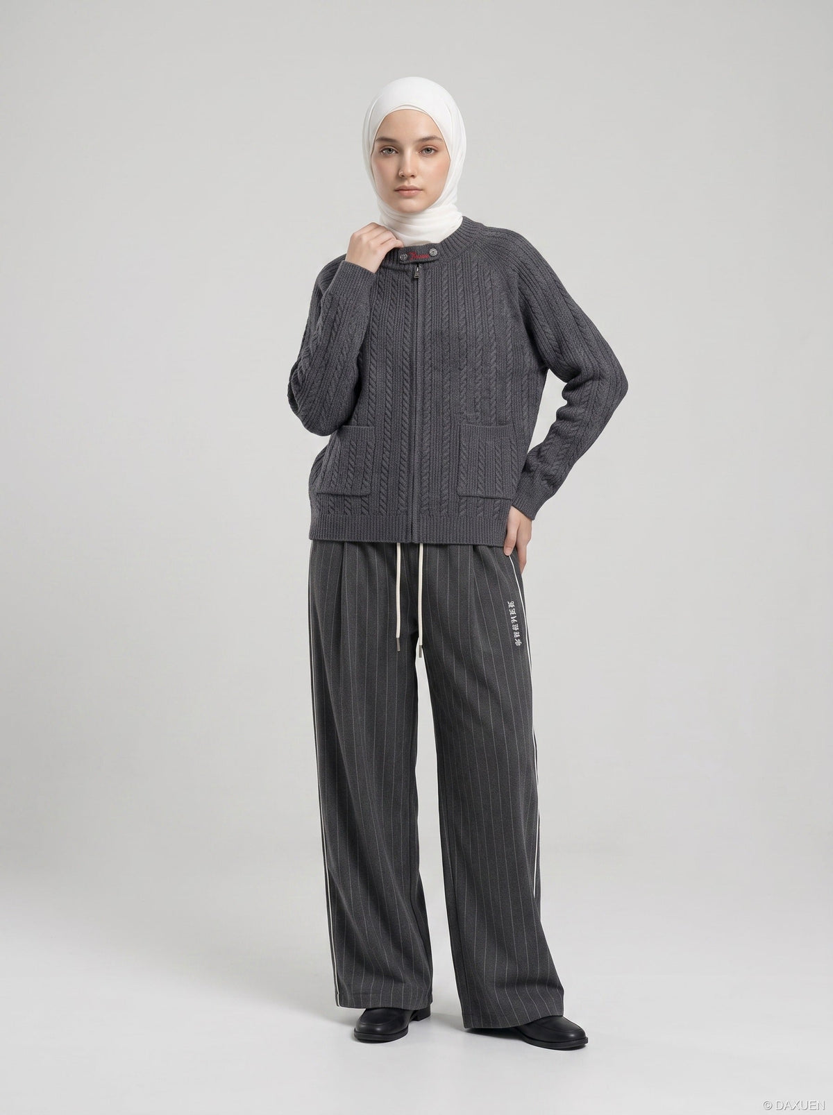 DAXUEN dark grey pinstriped wide-leg pants — model photo