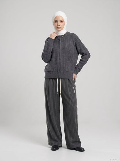 DAXUEN dark grey pinstriped wide-leg pants — model photo