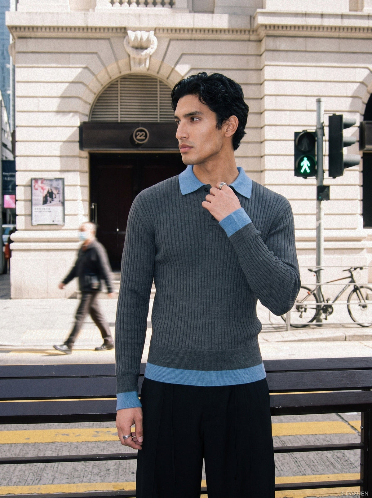 DAXUEN dark grey ribbed polo mock neck sweater — model photo