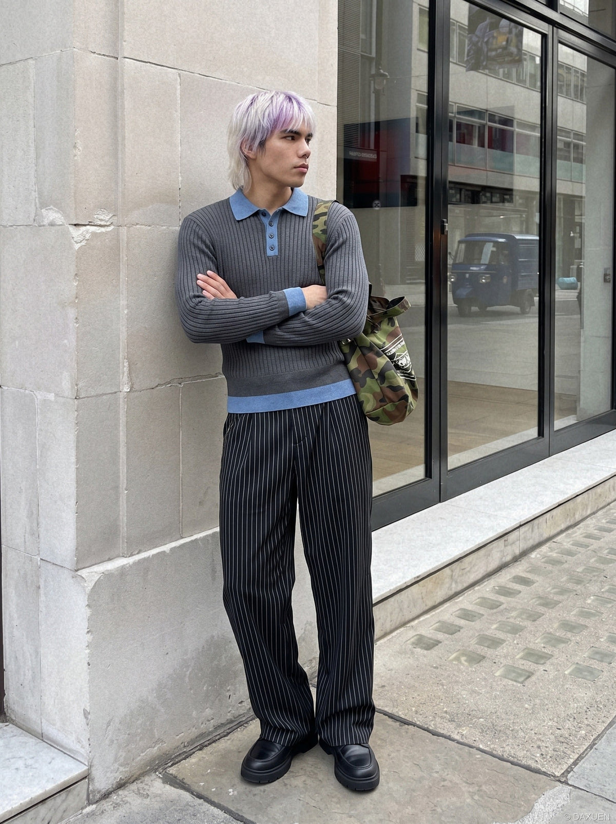 DAXUEN dark grey ribbed polo mock neck sweater — model photo