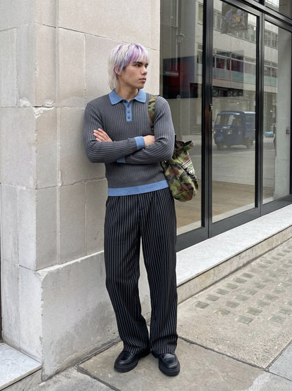 DAXUEN dark grey ribbed polo mock neck sweater — model photo