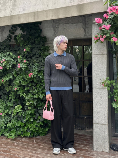 DAXUEN dark grey ribbed polo mock neck sweater — model photo