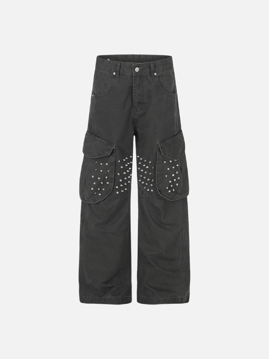 DAXUEN dark grey wide-leg cargo pants with silver spikes