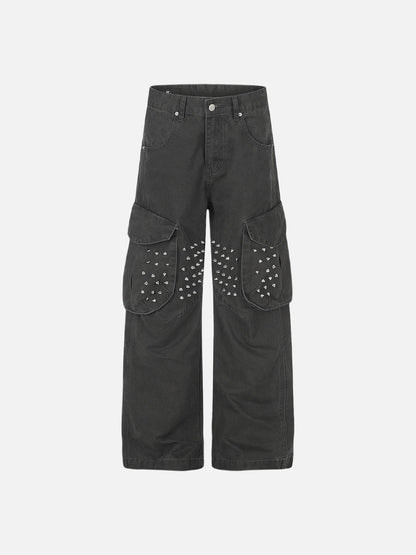 DAXUEN dark grey wide-leg cargo pants with silver spikes