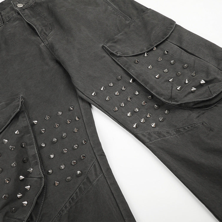 DAXUEN dark grey wide-leg cargo pants with silver spikes