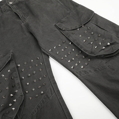 DAXUEN dark grey wide-leg cargo pants with silver spikes