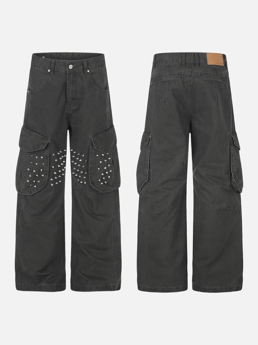 DAXUEN dark grey wide-leg cargo pants with silver spikes