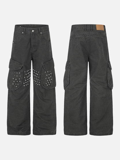 DAXUEN dark grey wide-leg cargo pants with silver spikes
