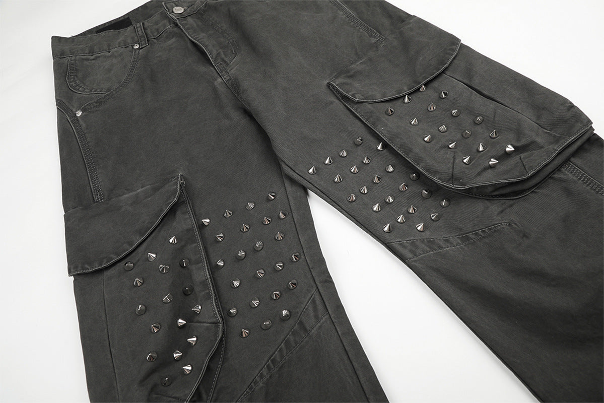 DAXUEN dark grey wide-leg cargo pants with silver spikes