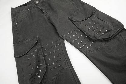 DAXUEN dark grey wide-leg cargo pants with silver spikes