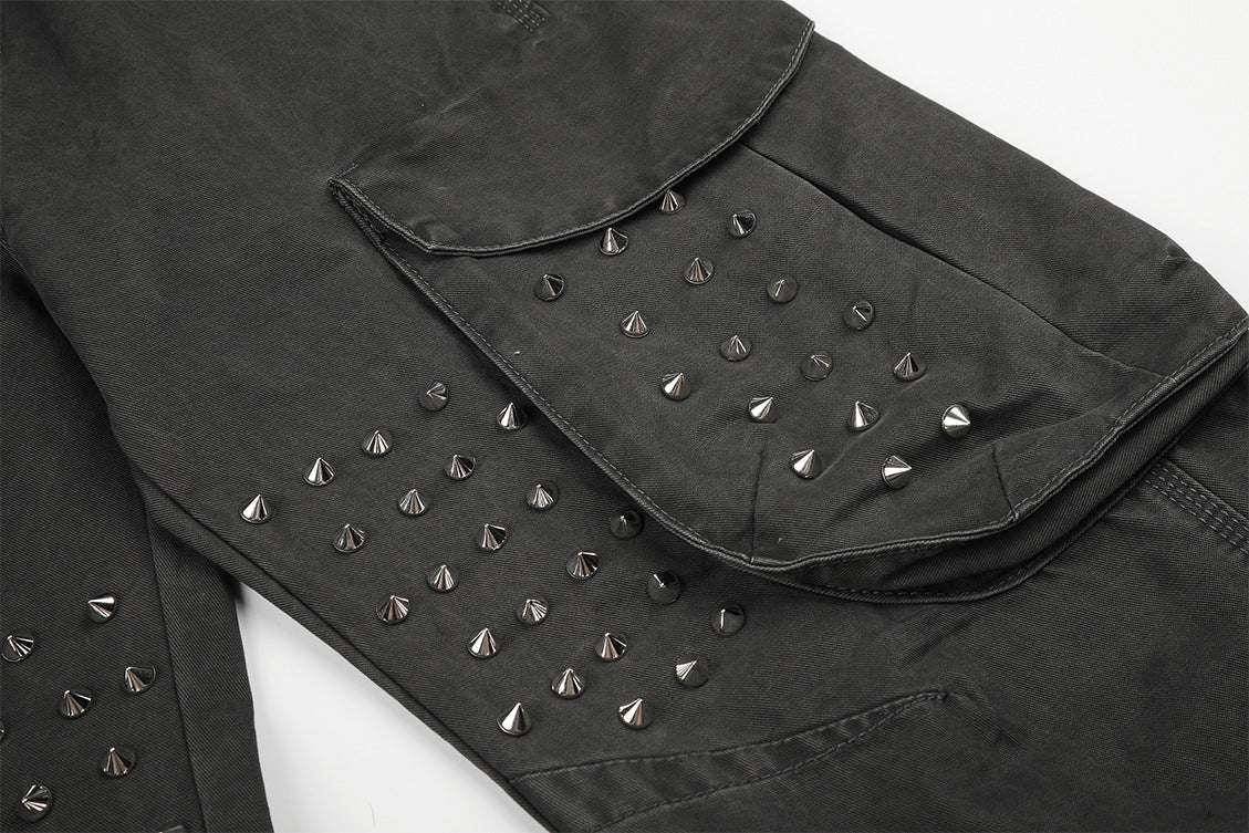DAXUEN dark grey wide-leg cargo pants with silver spikes