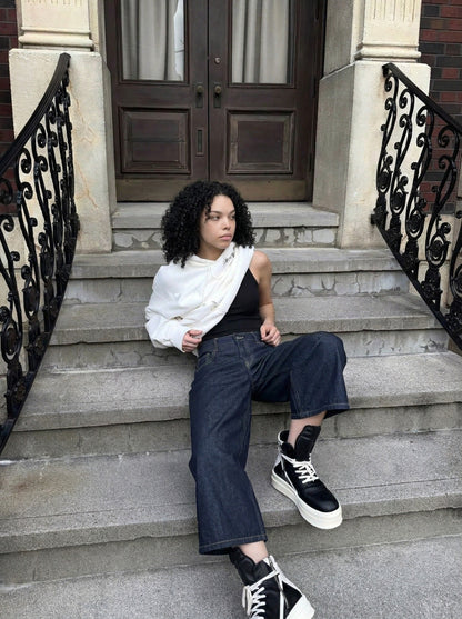 DAXUEN Dark indigo blue wide-leg cropped denim culottes — model photo