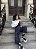 DAXUEN Dark indigo blue wide-leg cropped denim culottes — model photo